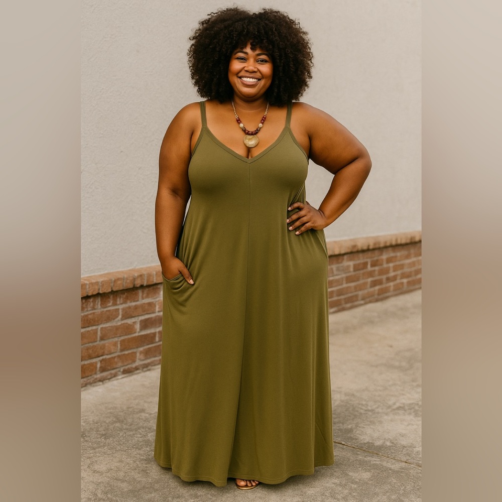 BN Zenana Plus Size Dusty Olive  V Neck Maxi Dress With Pockets Various Sizes